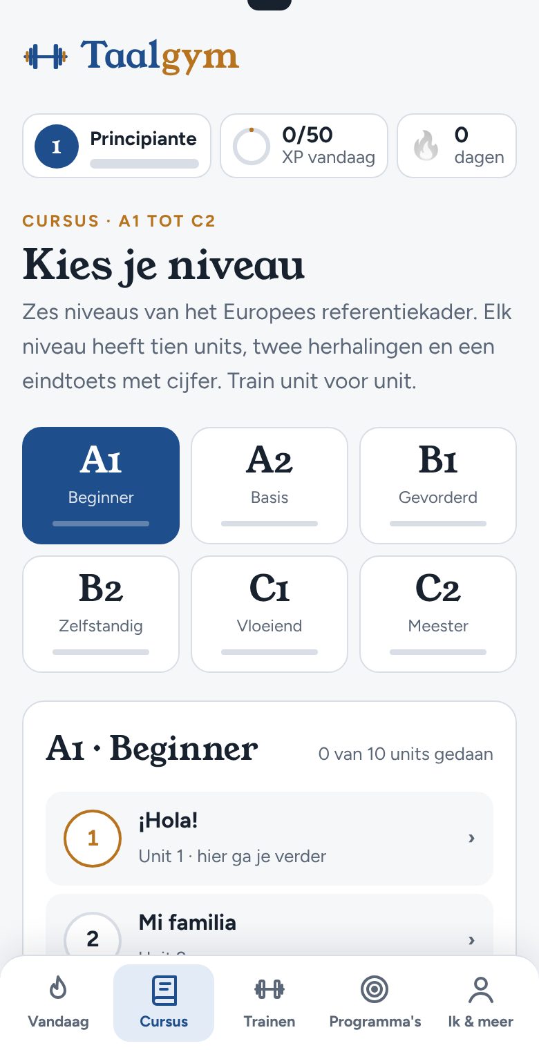 Zo ziet Basiscursus A1–C2 eruit in de app